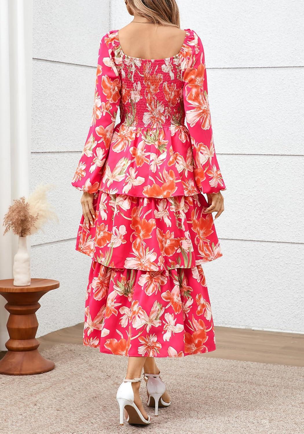 imageBTFBM Women Floral Maxi Dress Fall Fashion 2025 Boho Long Sleeve Square Neck Smocked Tiered Ruffle Flowy Wedding DressesFloral Rose Red Red