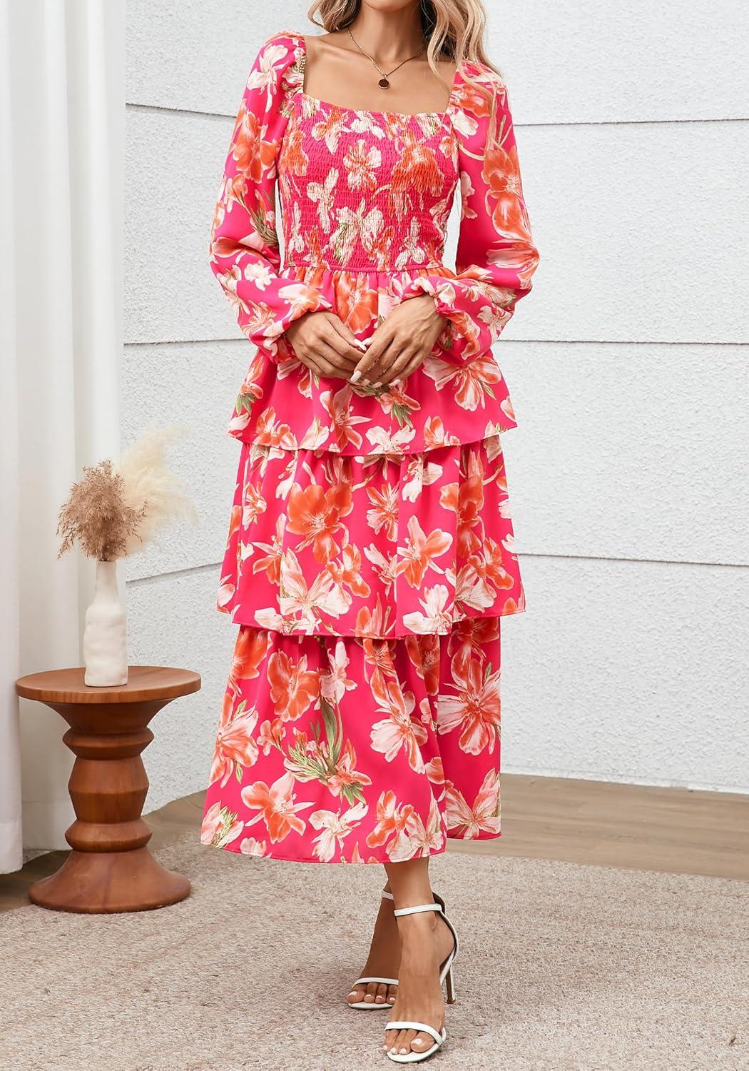 imageBTFBM Women Floral Maxi Dress Fall Fashion 2025 Boho Long Sleeve Square Neck Smocked Tiered Ruffle Flowy Wedding DressesFloral Rose Red Red