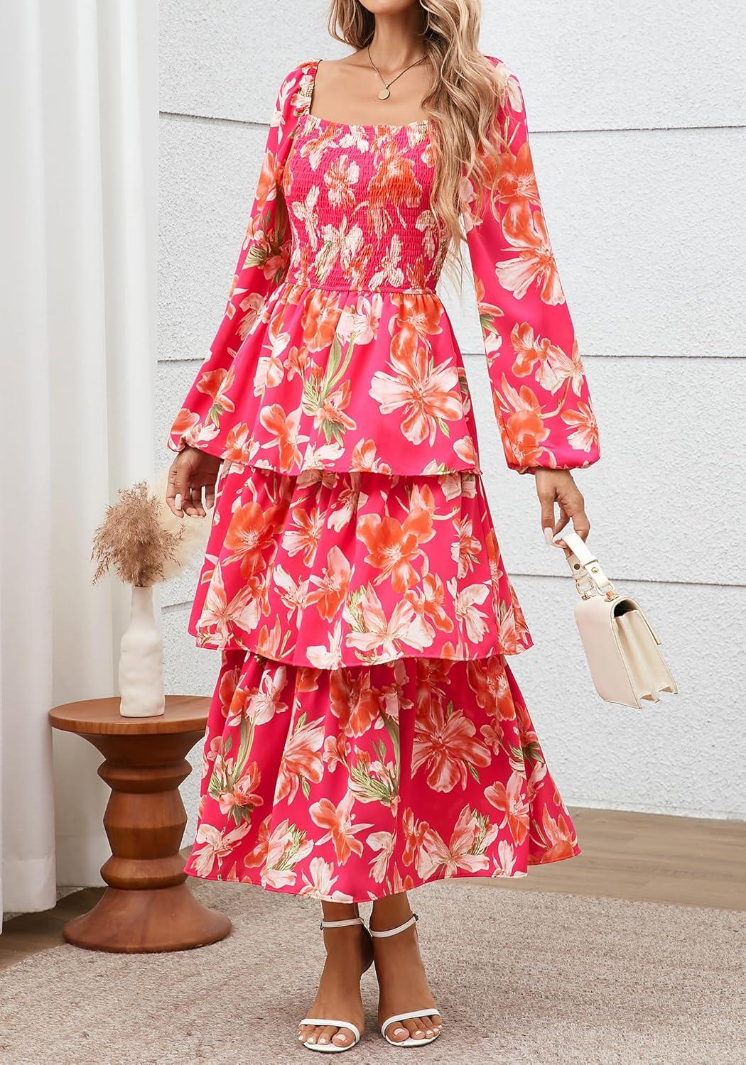 imageBTFBM Women Floral Maxi Dress Fall Fashion 2025 Boho Long Sleeve Square Neck Smocked Tiered Ruffle Flowy Wedding DressesFloral Rose Red Red