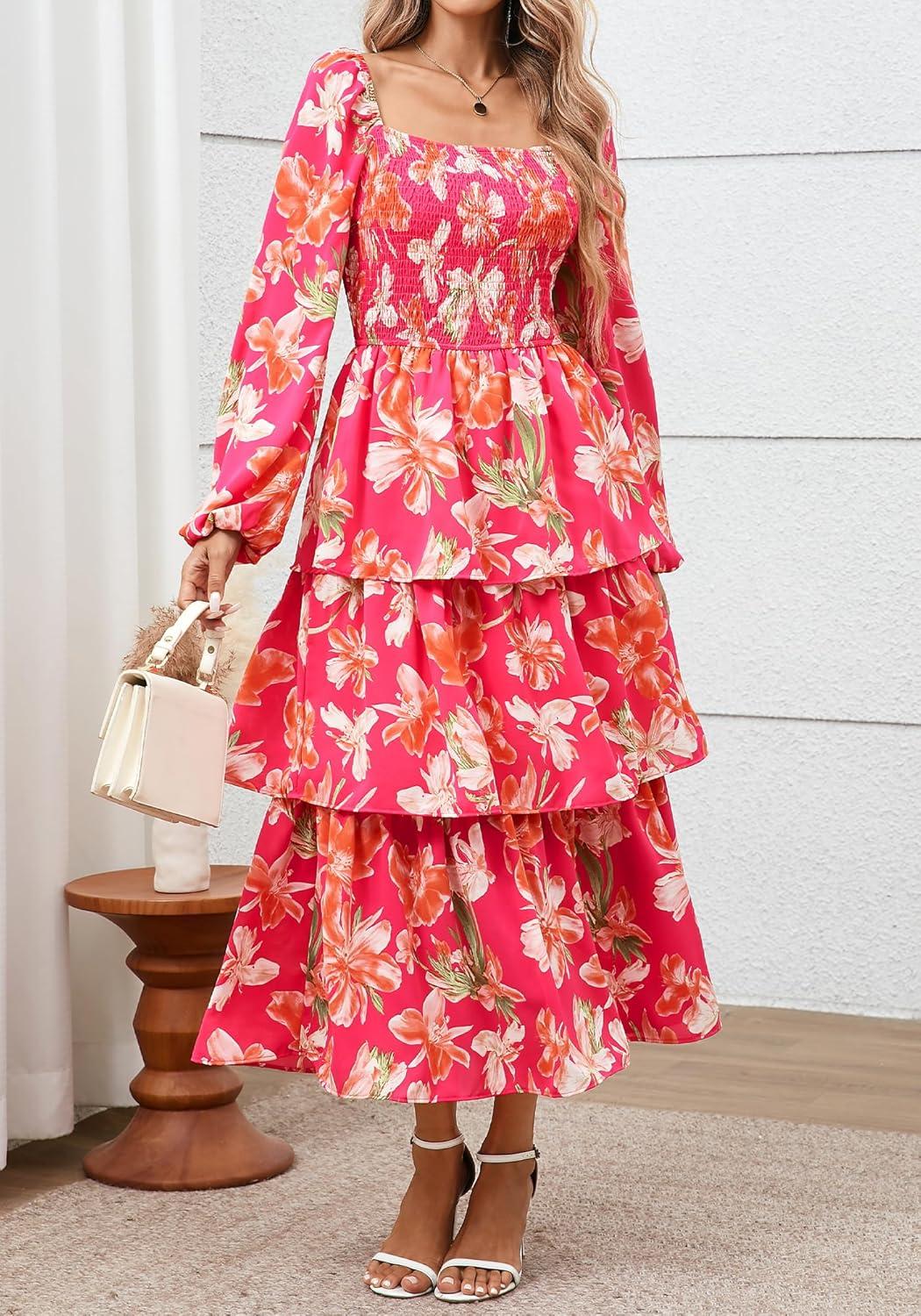 imageBTFBM Women Floral Maxi Dress Fall Fashion 2025 Boho Long Sleeve Square Neck Smocked Tiered Ruffle Flowy Wedding DressesFloral Rose Red Red