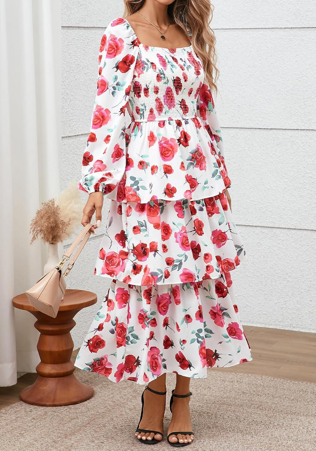 imageBTFBM Women Floral Maxi Dress Fall Fashion 2025 Boho Long Sleeve Square Neck Smocked Tiered Ruffle Flowy Wedding DressesFloral White Red