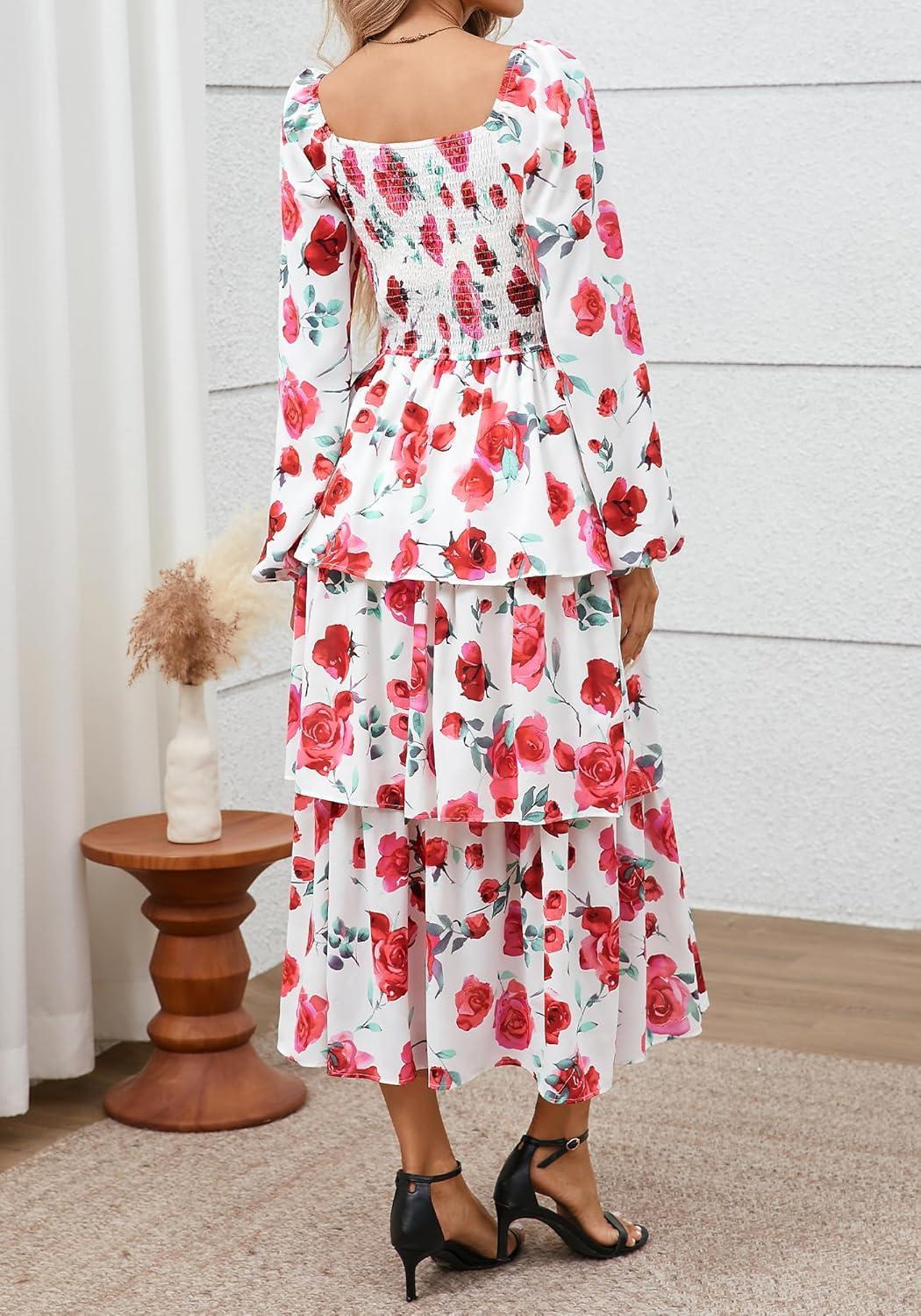 imageBTFBM Women Floral Maxi Dress Fall Fashion 2025 Boho Long Sleeve Square Neck Smocked Tiered Ruffle Flowy Wedding DressesFloral White Red