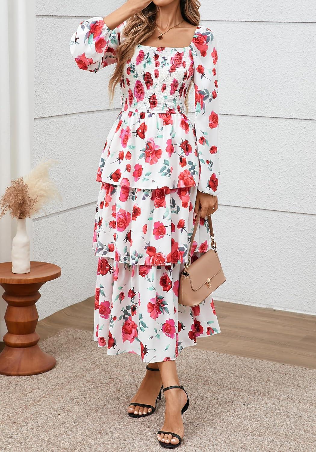 imageBTFBM Women Floral Maxi Dress Fall Fashion 2025 Boho Long Sleeve Square Neck Smocked Tiered Ruffle Flowy Wedding DressesFloral White Red