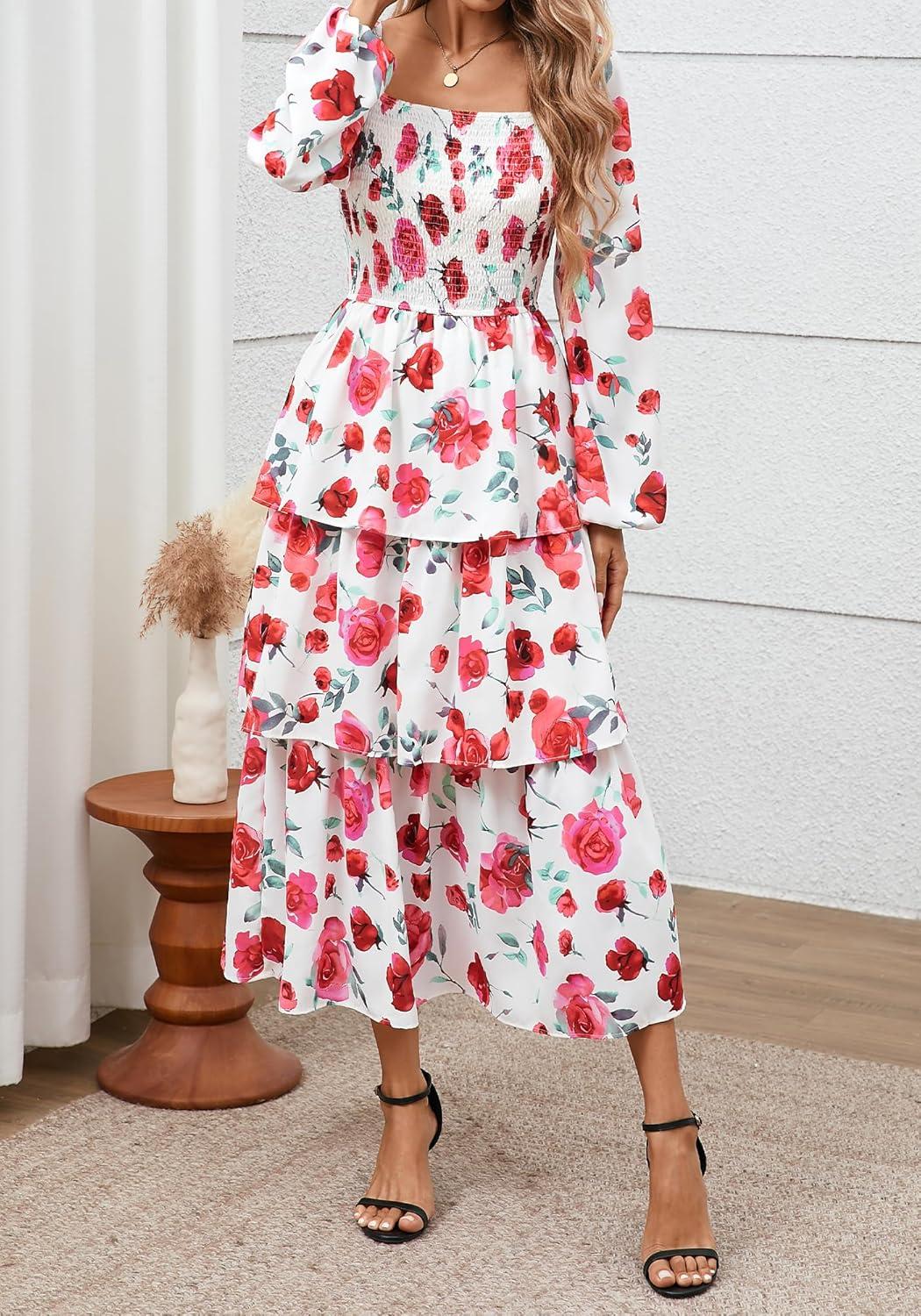 imageBTFBM Women Floral Maxi Dress Fall Fashion 2025 Boho Long Sleeve Square Neck Smocked Tiered Ruffle Flowy Wedding DressesFloral White Red