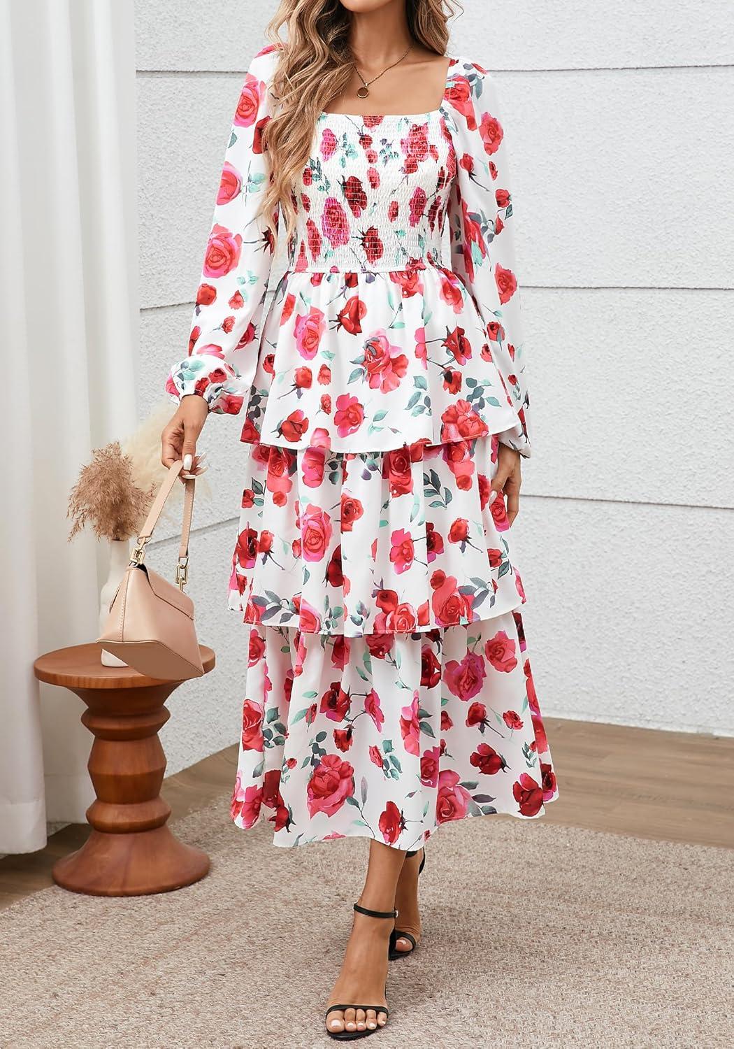 imageBTFBM Women Floral Maxi Dress Fall Fashion 2025 Boho Long Sleeve Square Neck Smocked Tiered Ruffle Flowy Wedding DressesFloral White Red