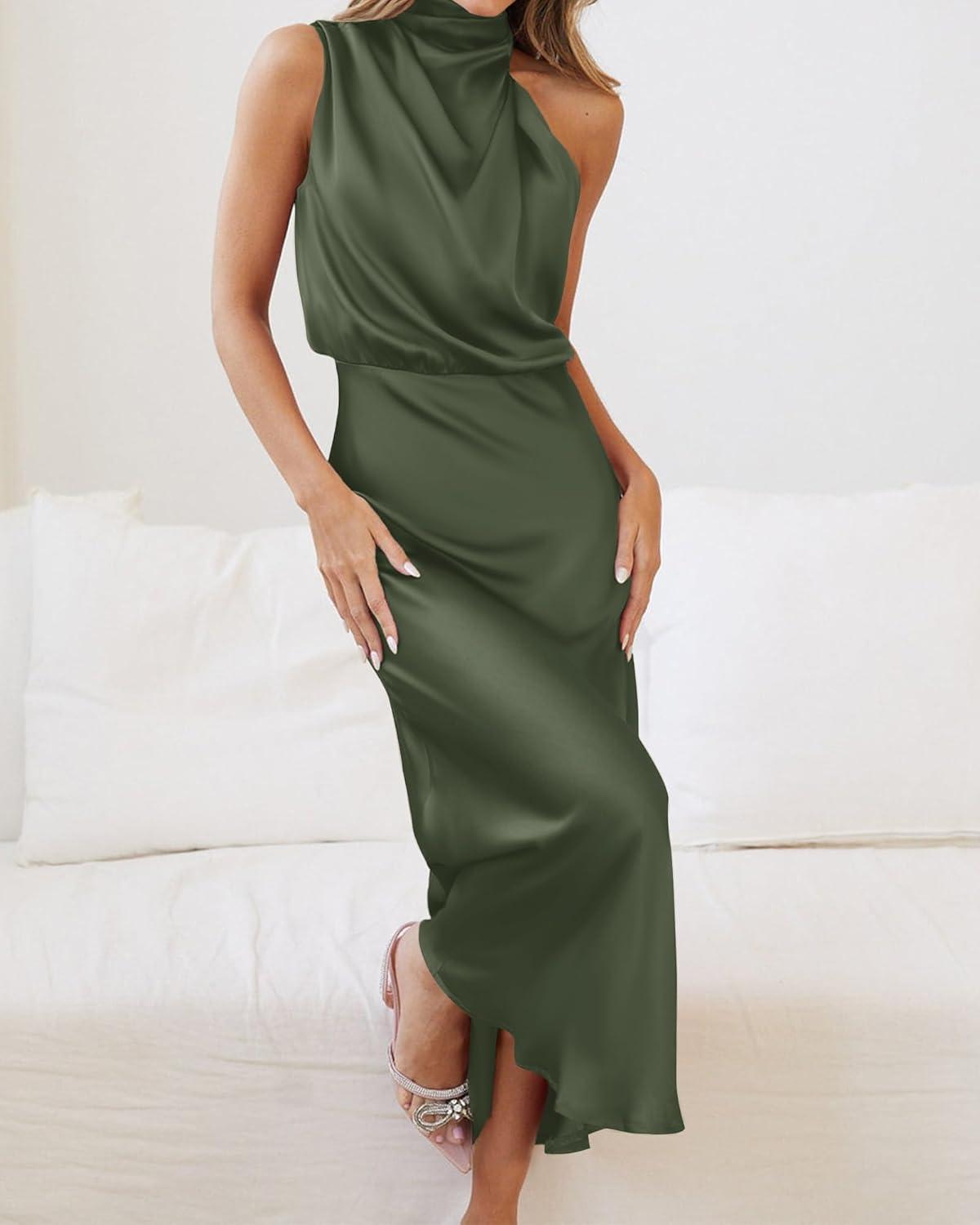 imageBTFBM Women Sleeveless Cocktail Dresses Fall Mock Neck Keyhole Elastic High Waist Evening Party Maxi Wedding Guest DressArmy Green