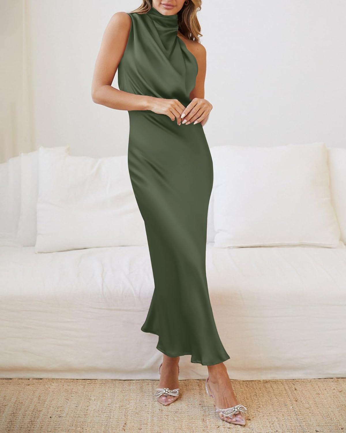 imageBTFBM Women Sleeveless Cocktail Dresses Fall Mock Neck Keyhole Elastic High Waist Evening Party Maxi Wedding Guest DressArmy Green