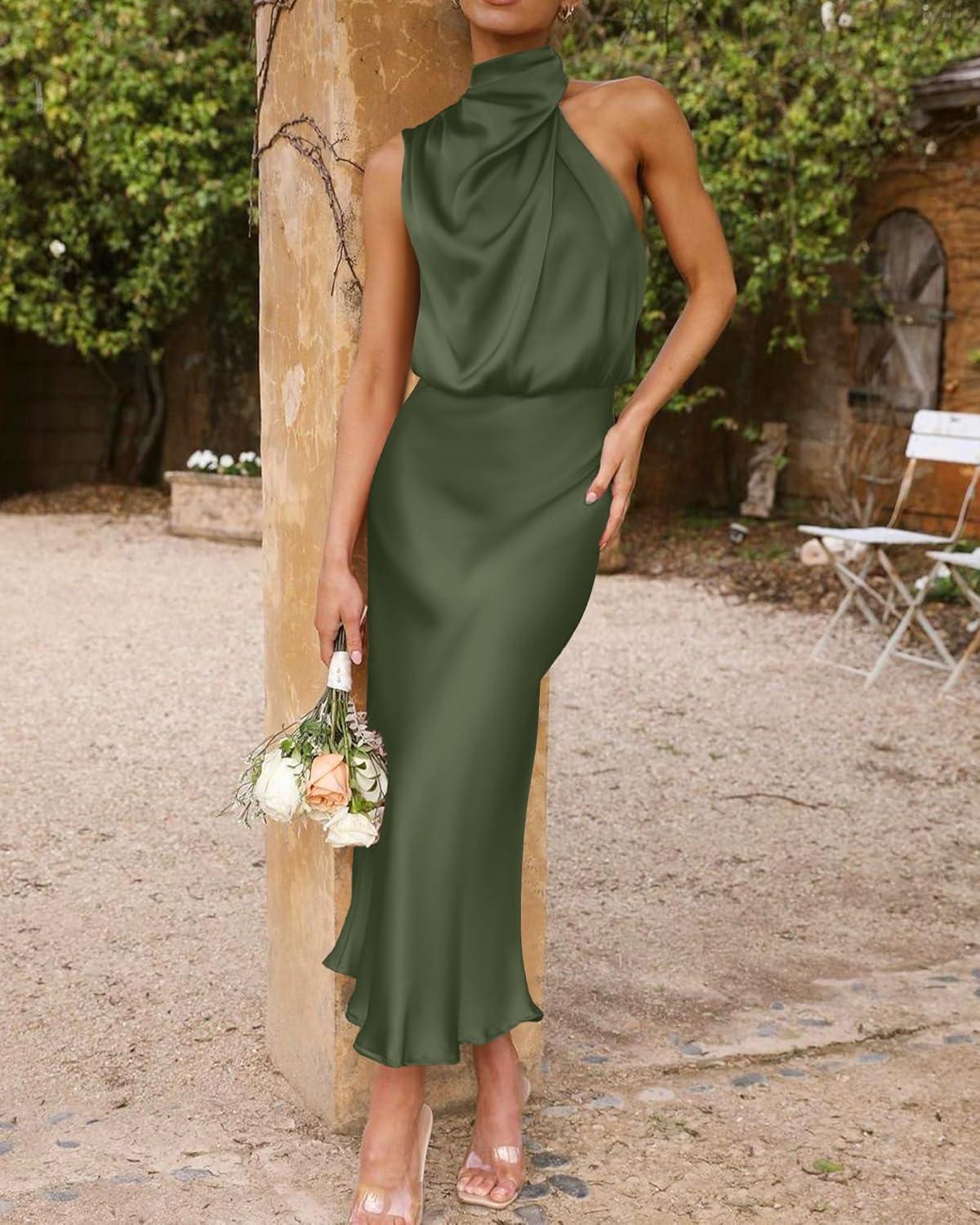imageBTFBM Women Sleeveless Cocktail Dresses Fall Mock Neck Keyhole Elastic High Waist Evening Party Maxi Wedding Guest DressArmy Green