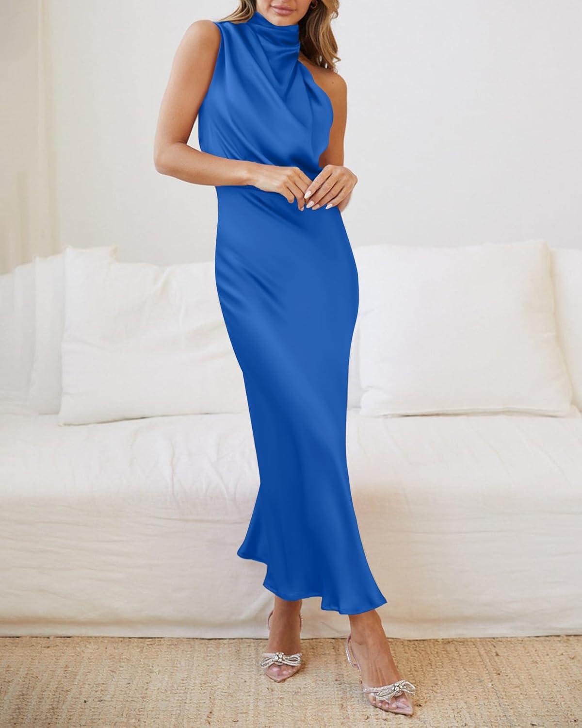 imageBTFBM Women Sleeveless Cocktail Dresses Fall Mock Neck Keyhole Elastic High Waist Evening Party Maxi Wedding Guest DressBrilliant Blue