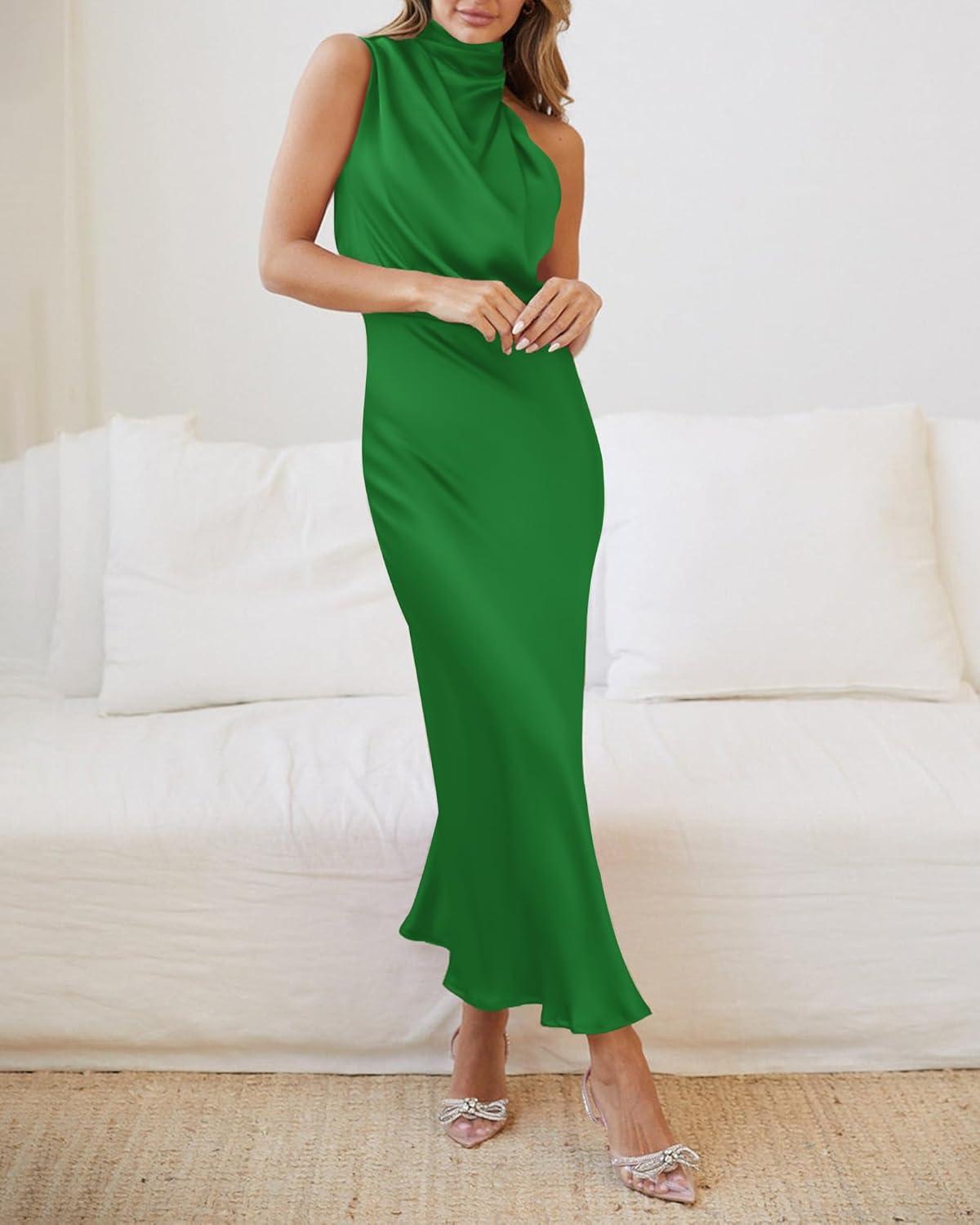 imageBTFBM Women Sleeveless Cocktail Dresses Fall Mock Neck Keyhole Elastic High Waist Evening Party Maxi Wedding Guest DressBrilliant Green
