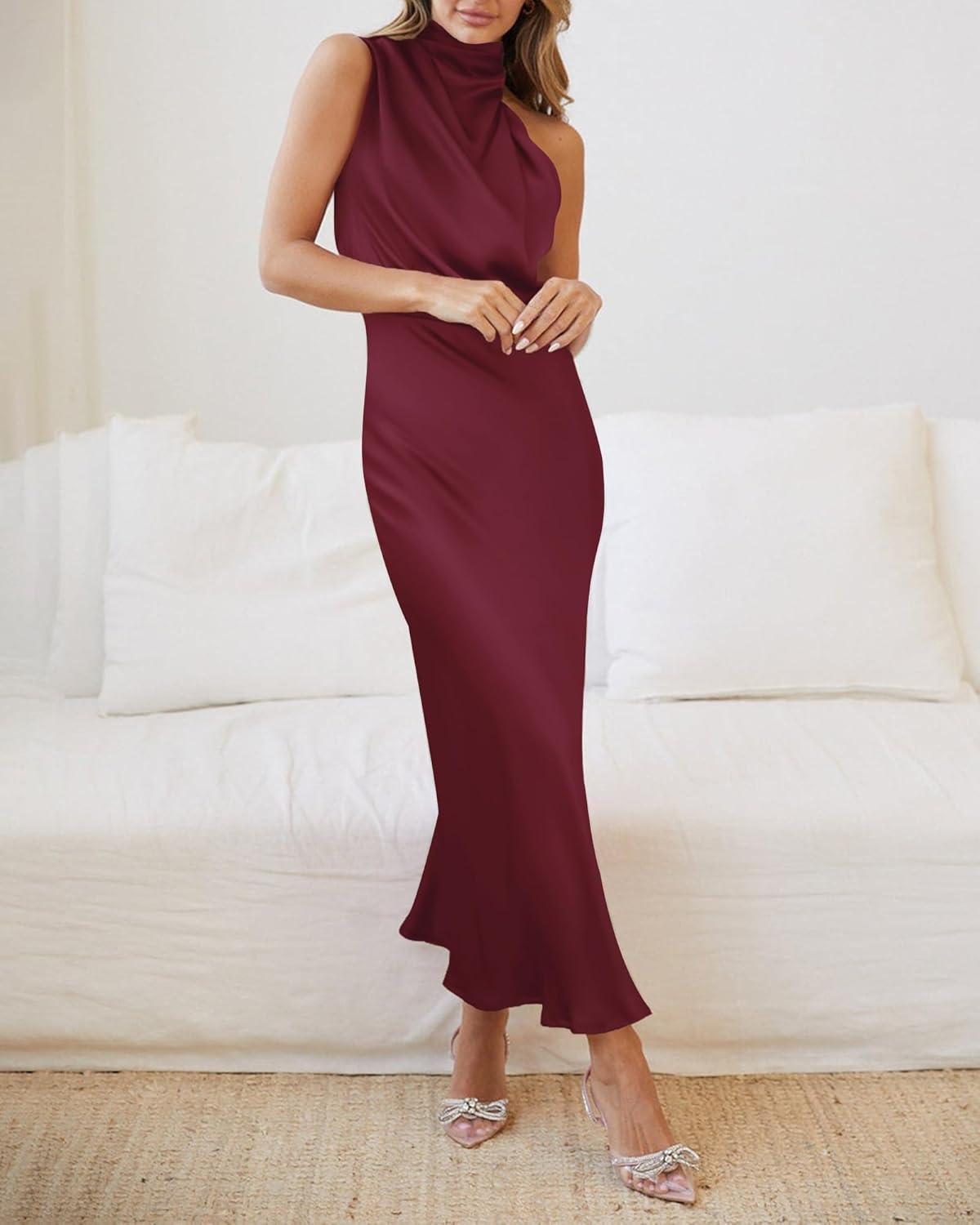 imageBTFBM Women Sleeveless Cocktail Dresses Fall Mock Neck Keyhole Elastic High Waist Evening Party Maxi Wedding Guest DressBurgundy