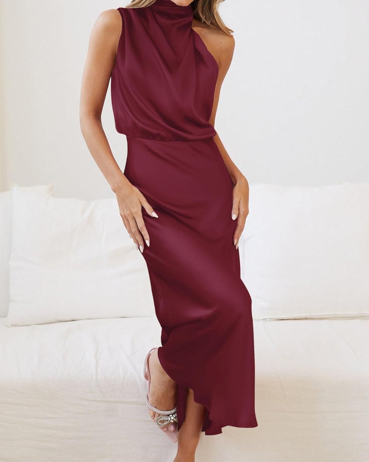 imageBTFBM Women Sleeveless Cocktail Dresses Fall Mock Neck Keyhole Elastic High Waist Evening Party Maxi Wedding Guest DressBurgundy