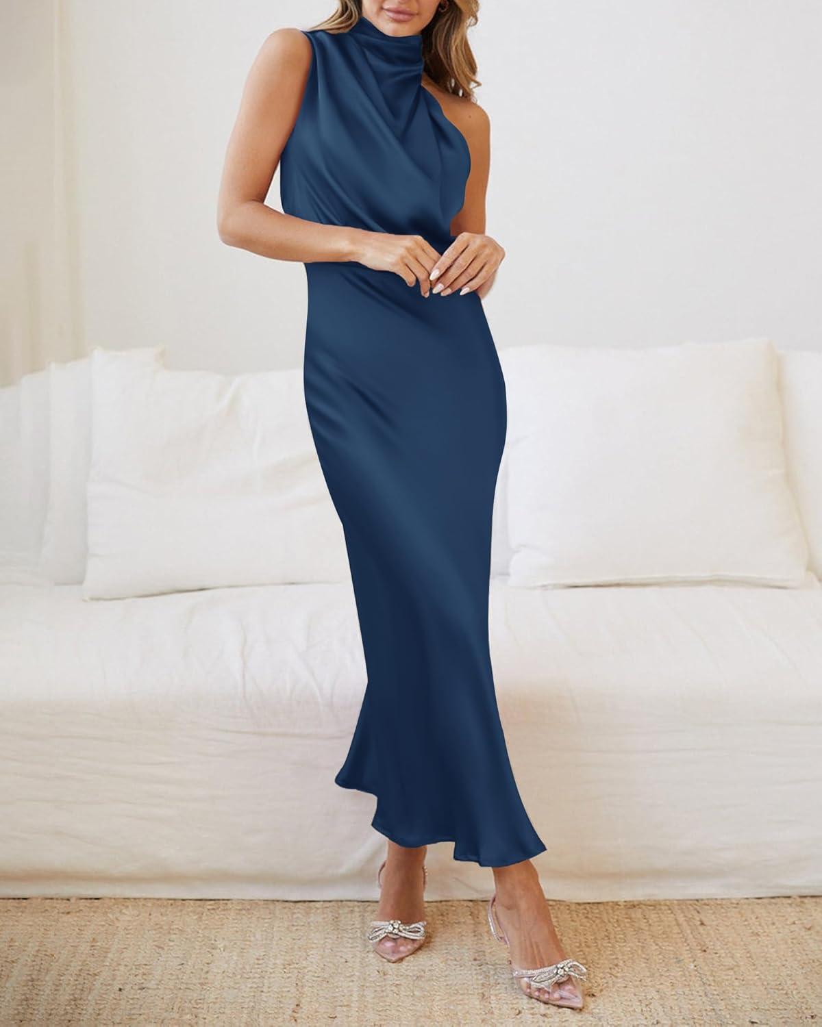 imageBTFBM Women Sleeveless Cocktail Dresses Fall Mock Neck Keyhole Elastic High Waist Evening Party Maxi Wedding Guest DressDark Blue