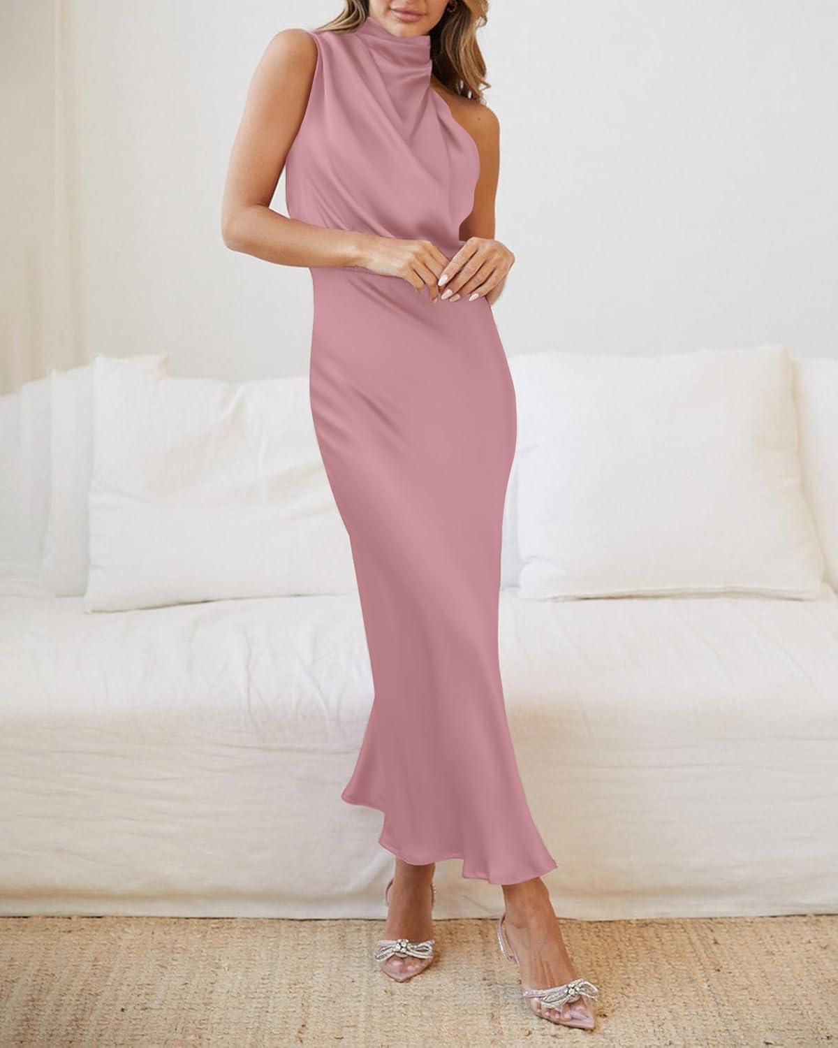 imageBTFBM Women Sleeveless Cocktail Dresses Fall Mock Neck Keyhole Elastic High Waist Evening Party Maxi Wedding Guest DressDusty Pink