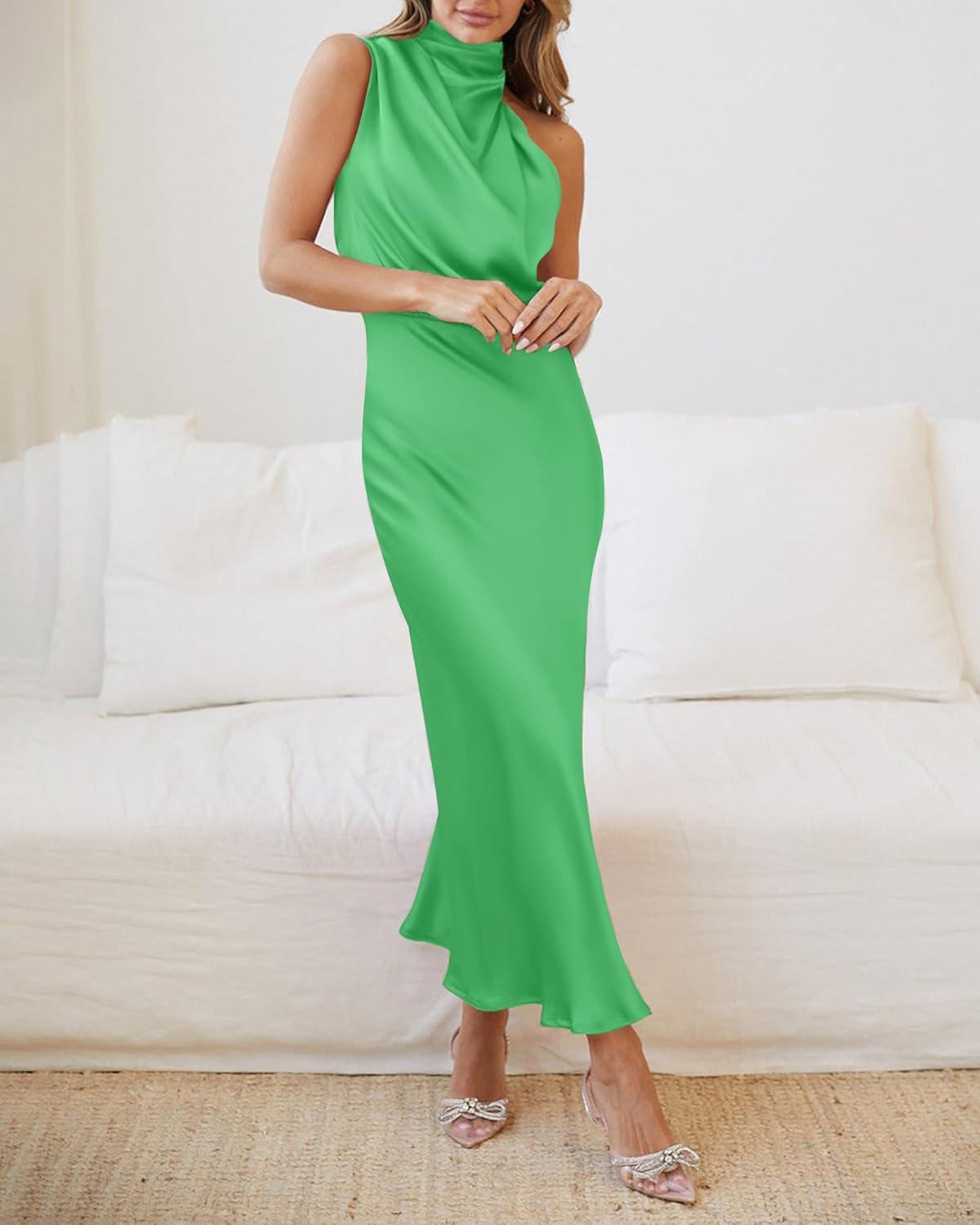imageBTFBM Women Sleeveless Cocktail Dresses Fall Mock Neck Keyhole Elastic High Waist Evening Party Maxi Wedding Guest DressGrass Green