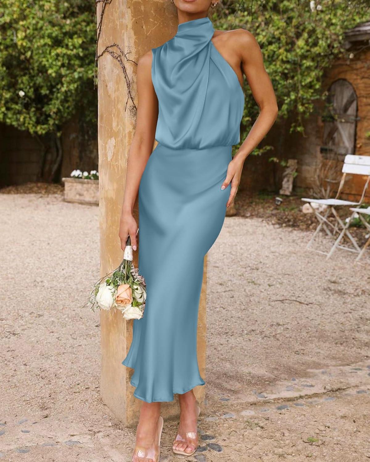 imageBTFBM Women Sleeveless Cocktail Dresses Fall Mock Neck Keyhole Elastic High Waist Evening Party Maxi Wedding Guest DressLight Blue