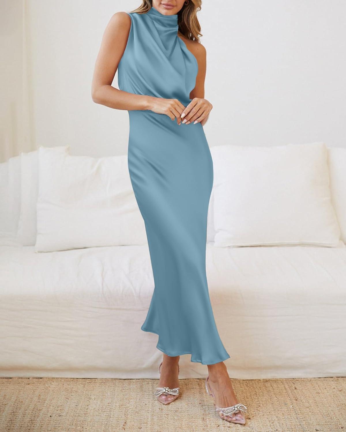 imageBTFBM Women Sleeveless Cocktail Dresses Fall Mock Neck Keyhole Elastic High Waist Evening Party Maxi Wedding Guest DressLight Blue