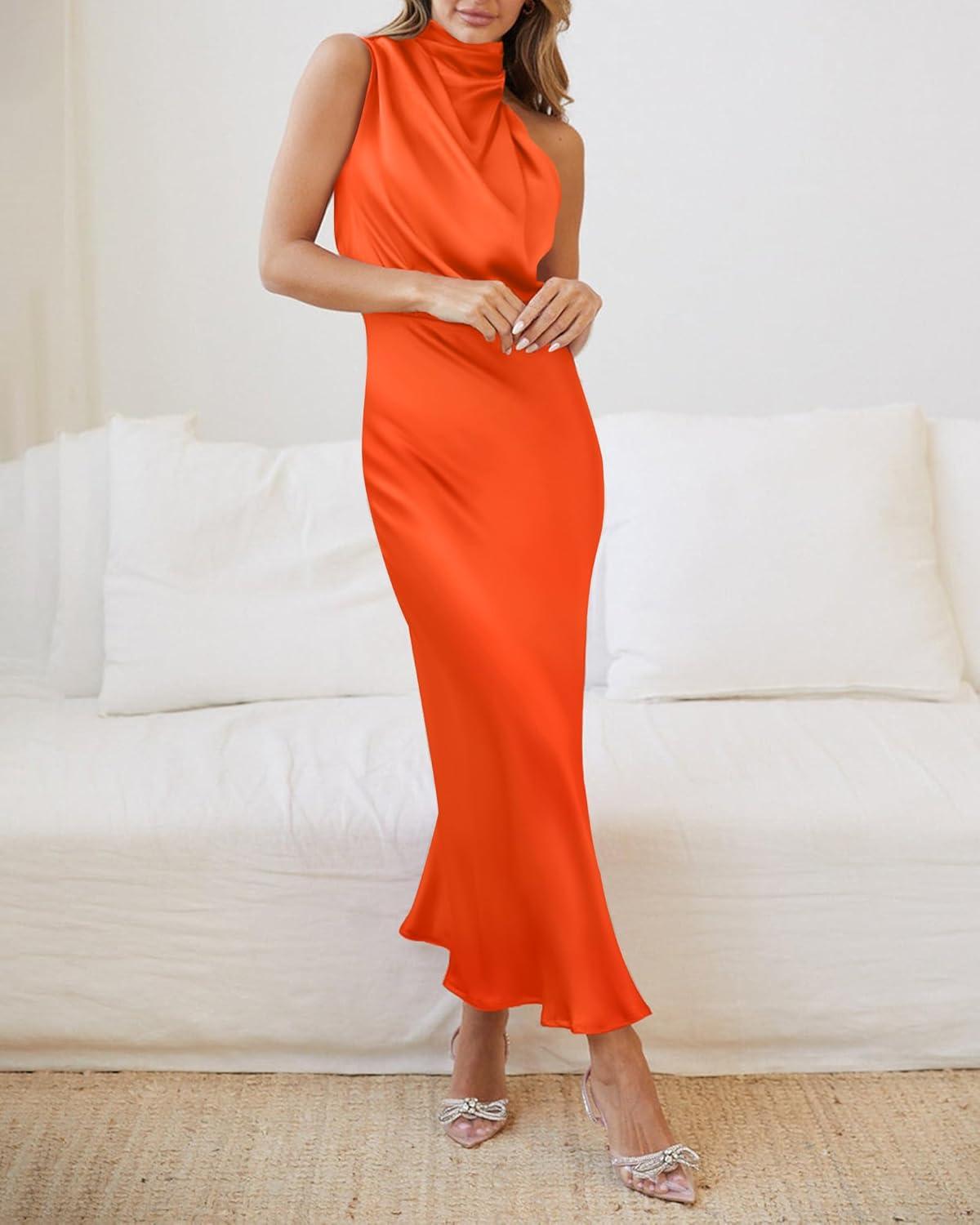 imageBTFBM Women Sleeveless Cocktail Dresses Fall Mock Neck Keyhole Elastic High Waist Evening Party Maxi Wedding Guest DressOrange