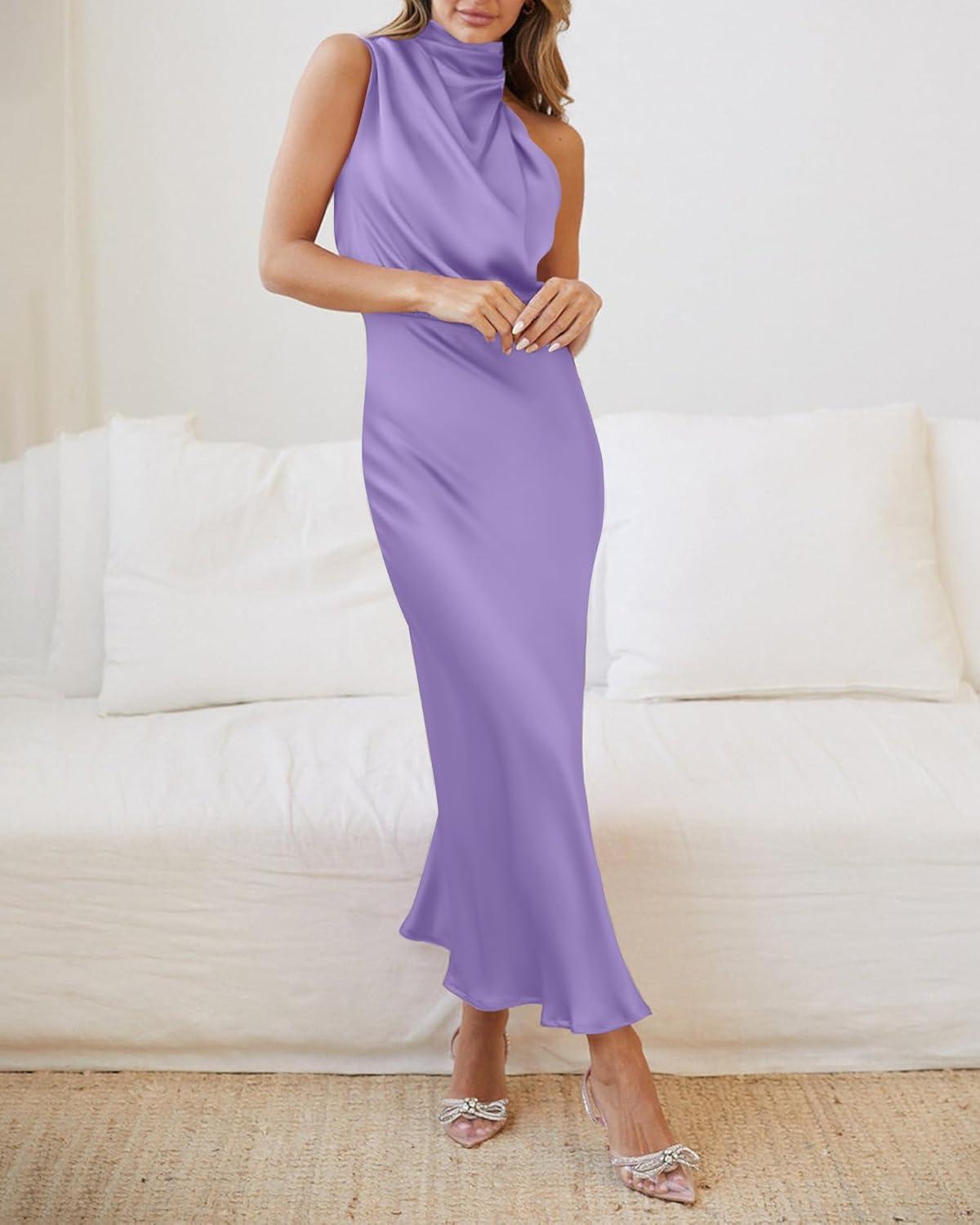 imageBTFBM Women Sleeveless Cocktail Dresses Fall Mock Neck Keyhole Elastic High Waist Evening Party Maxi Wedding Guest DressPurple