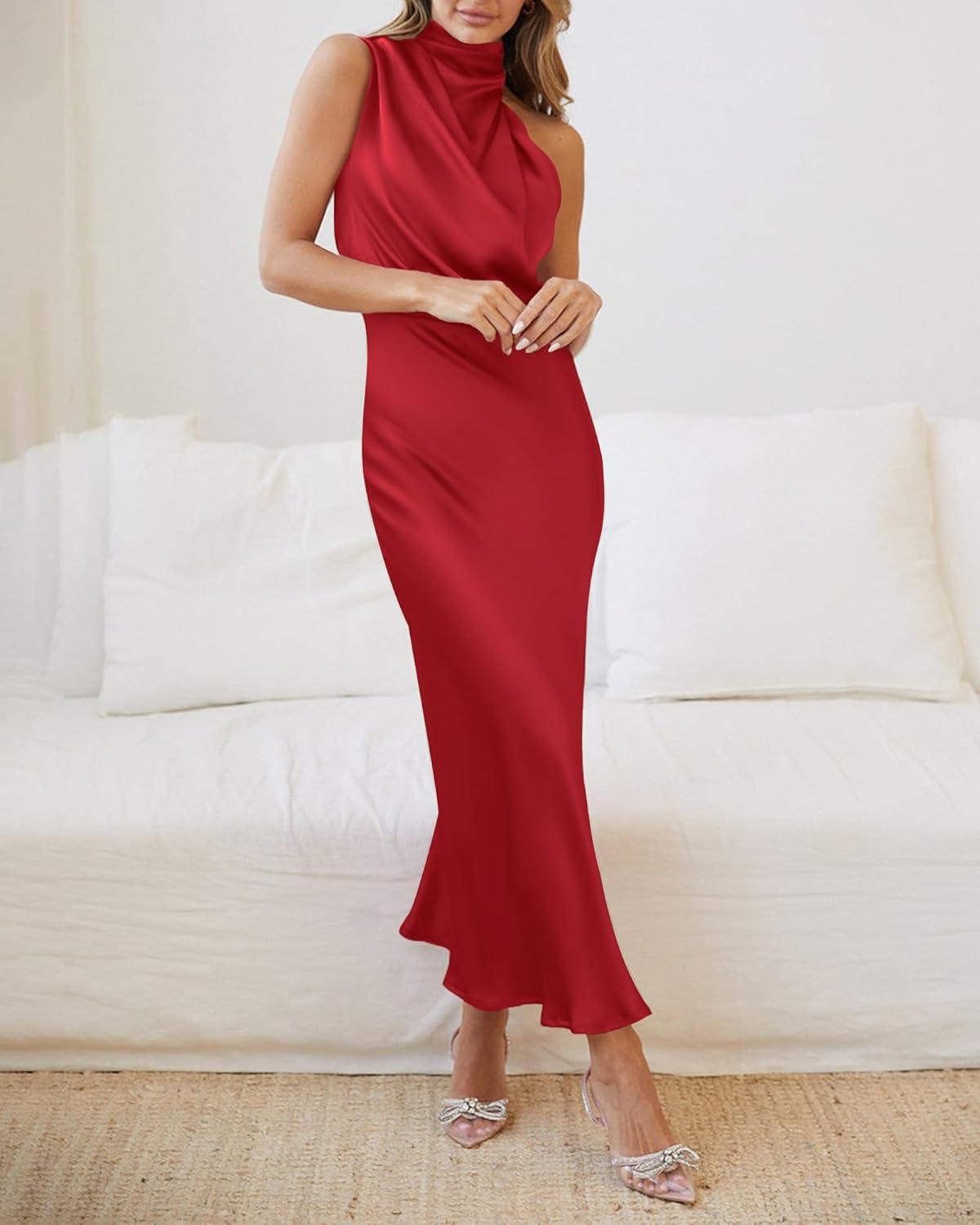 imageBTFBM Women Sleeveless Cocktail Dresses Fall Mock Neck Keyhole Elastic High Waist Evening Party Maxi Wedding Guest DressRed