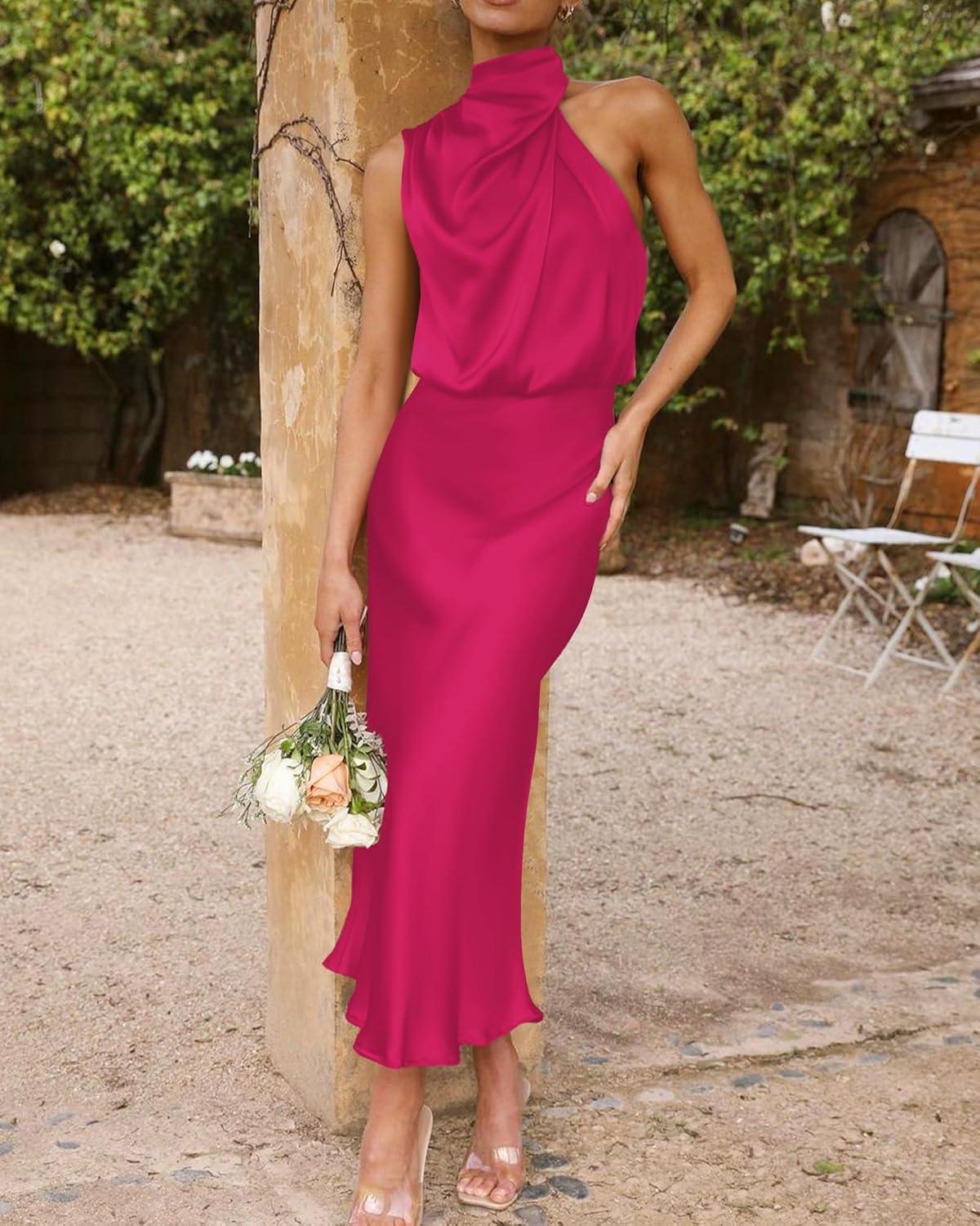 imageBTFBM Women Sleeveless Cocktail Dresses Fall Mock Neck Keyhole Elastic High Waist Evening Party Maxi Wedding Guest DressRose Red