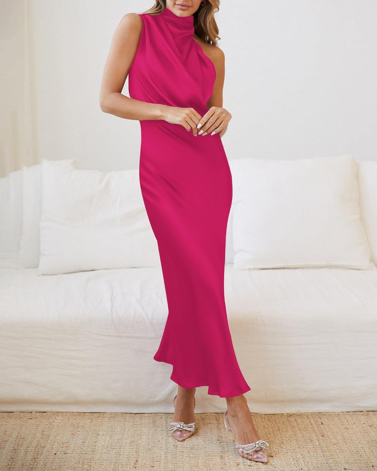 imageBTFBM Women Sleeveless Cocktail Dresses Fall Mock Neck Keyhole Elastic High Waist Evening Party Maxi Wedding Guest DressRose Red