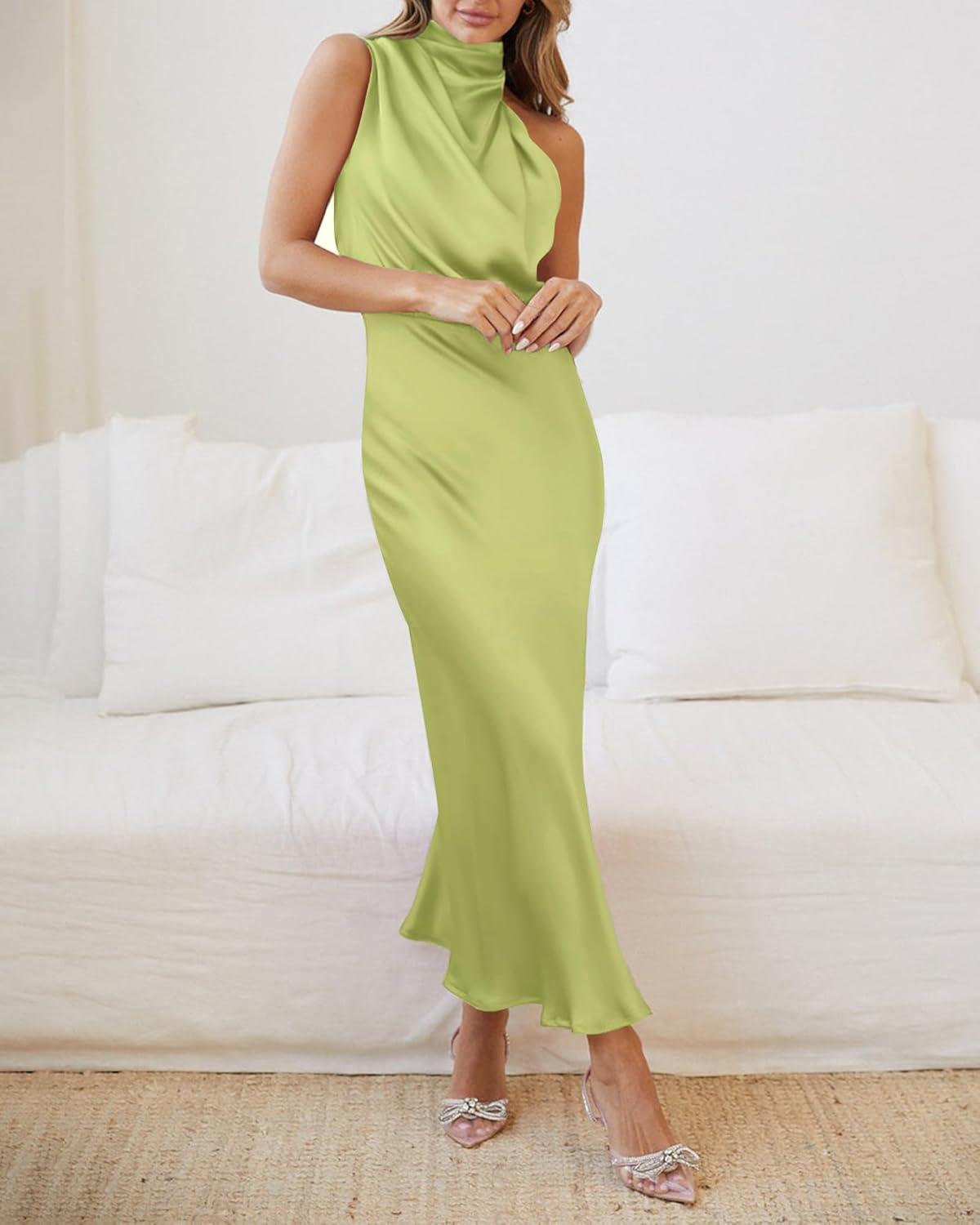 imageBTFBM Women Sleeveless Cocktail Dresses Fall Mock Neck Keyhole Elastic High Waist Evening Party Maxi Wedding Guest DressTender Green