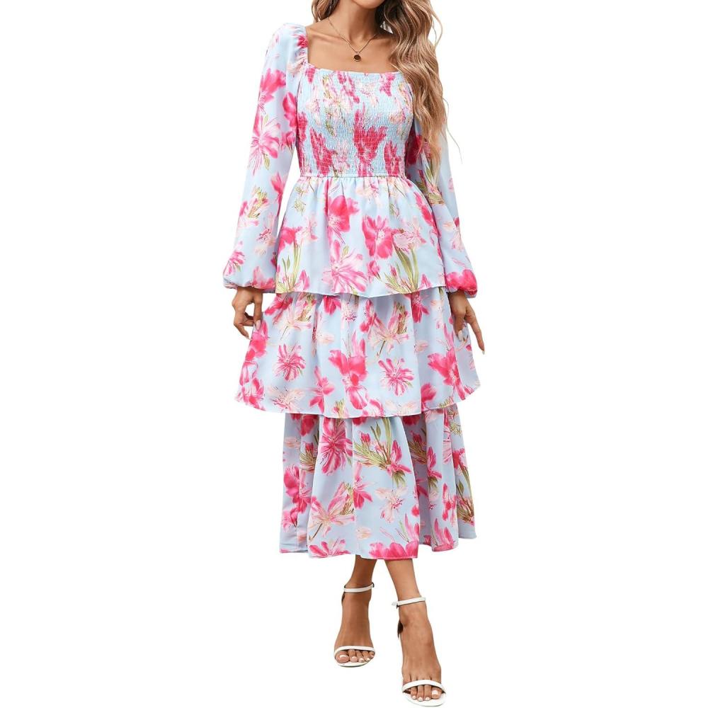 imageBTFBM Women Floral Maxi Dress Fall Fashion 2025 Boho Long Sleeve Square Neck Smocked Tiered Ruffle Flowy Wedding DressesFloral Light Blue Pink
