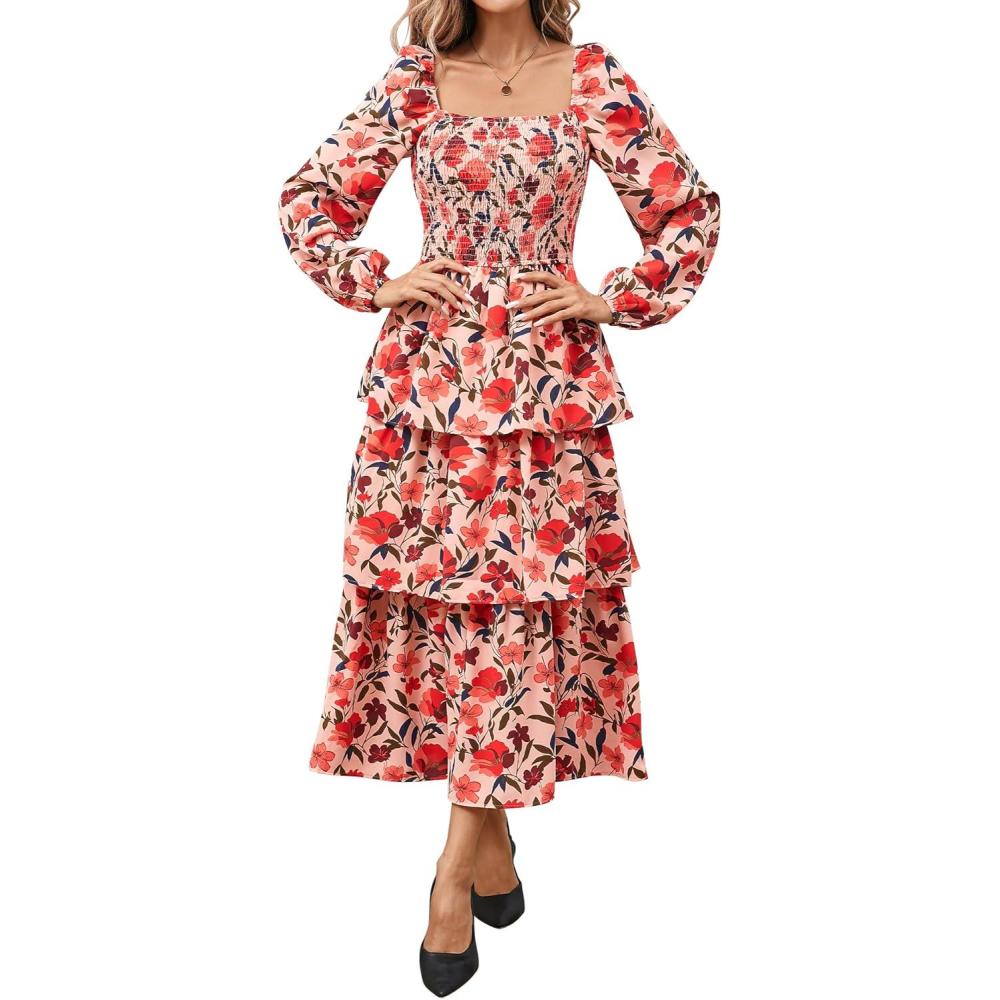 imageBTFBM Women Floral Maxi Dress Fall Fashion 2025 Boho Long Sleeve Square Neck Smocked Tiered Ruffle Flowy Wedding DressesFloral Orange Pink Red