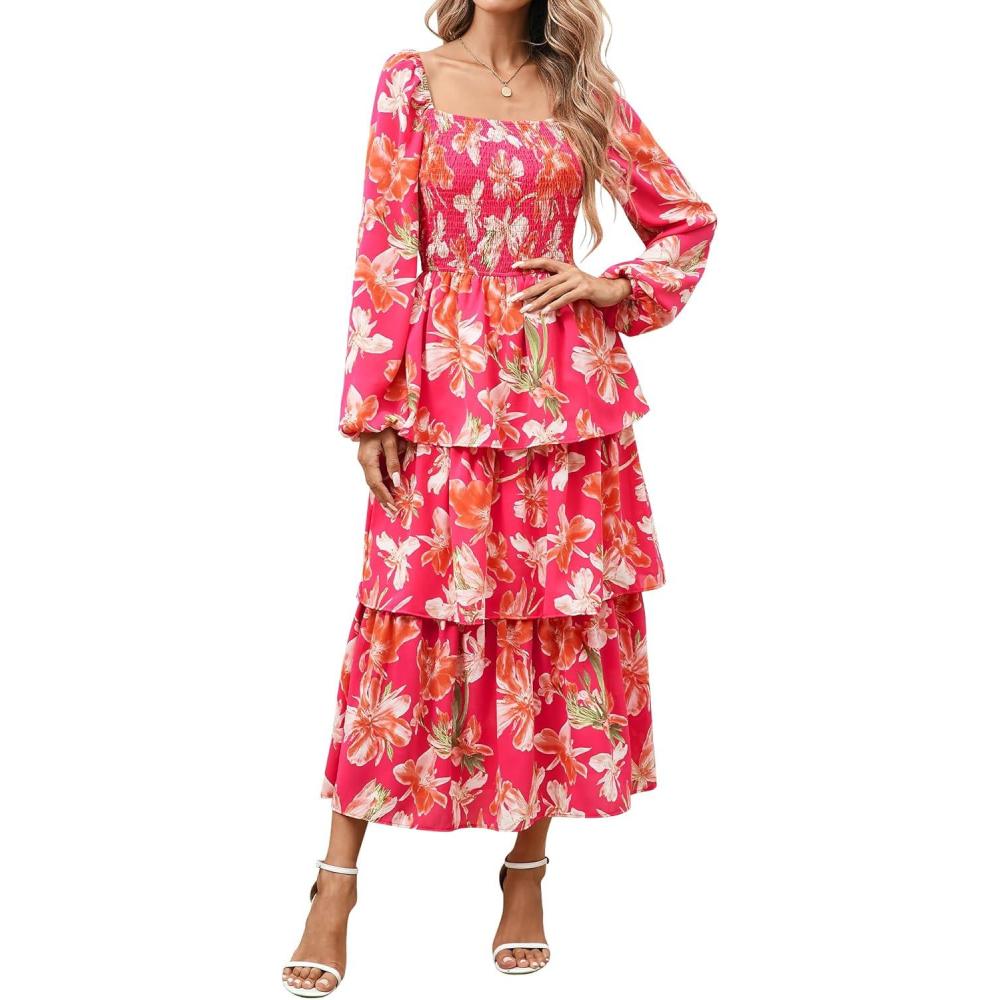 imageBTFBM Women Floral Maxi Dress Fall Fashion 2025 Boho Long Sleeve Square Neck Smocked Tiered Ruffle Flowy Wedding DressesFloral Rose Red Red