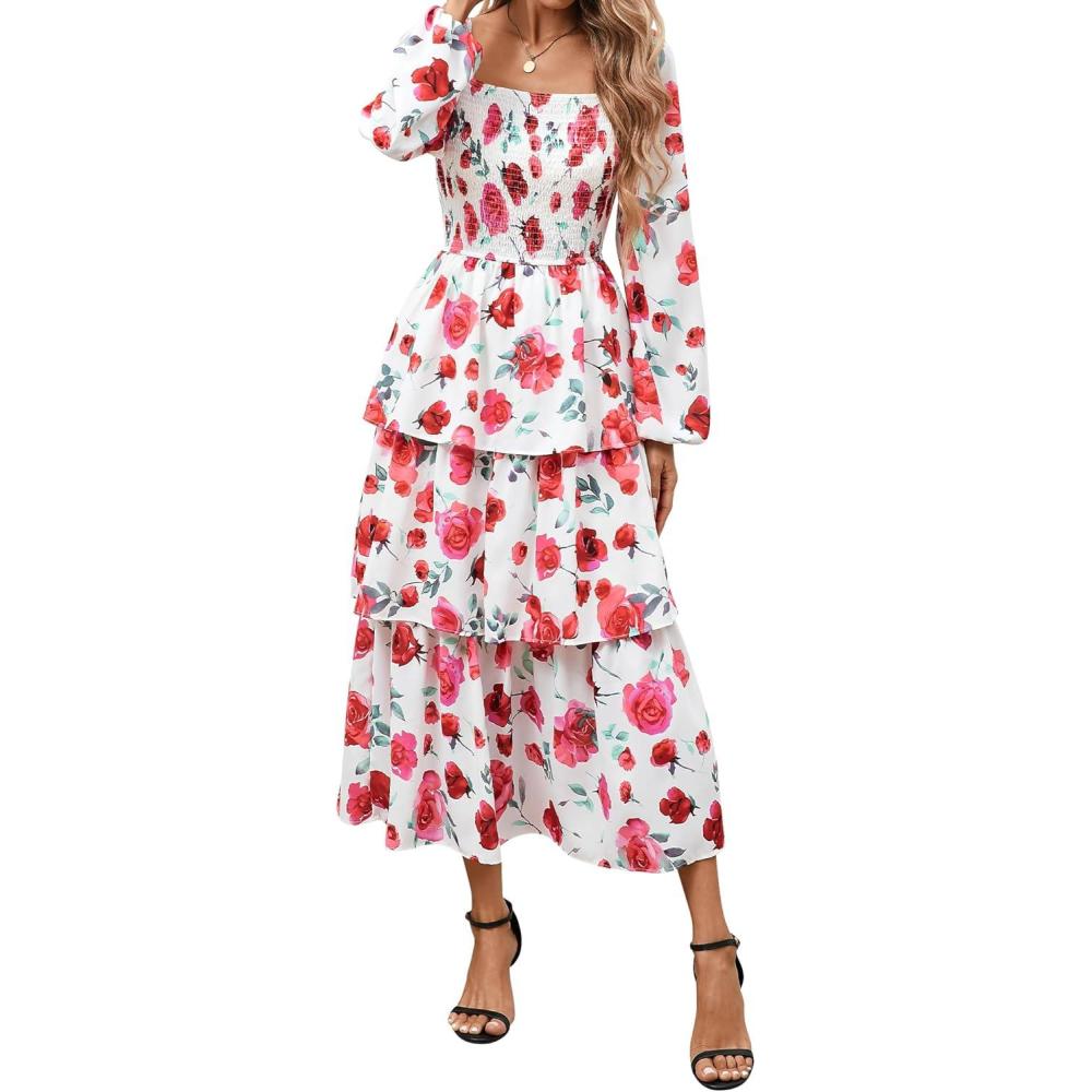 imageBTFBM Women Floral Maxi Dress Fall Fashion 2025 Boho Long Sleeve Square Neck Smocked Tiered Ruffle Flowy Wedding DressesFloral White Red