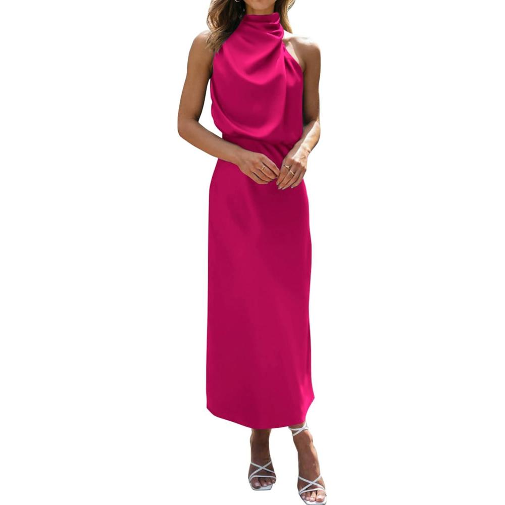 imageBTFBM Women Sleeveless Cocktail Dresses Fall Mock Neck Keyhole Elastic High Waist Evening Party Maxi Wedding Guest DressRose Red