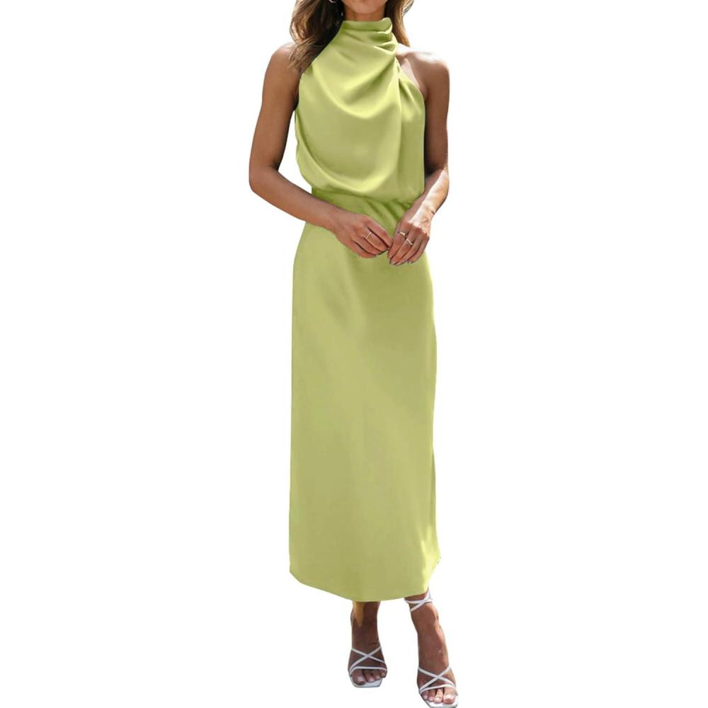 imageBTFBM Women Sleeveless Cocktail Dresses Fall Mock Neck Keyhole Elastic High Waist Evening Party Maxi Wedding Guest DressTender Green