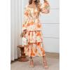 imageBTFBM Women Floral Maxi Dress Fall Fashion 2025 Boho Long Sleeve Square Neck Smocked Tiered Ruffle Flowy Wedding DressesFloral Apricot Orange