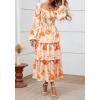 imageBTFBM Women Floral Maxi Dress Fall Fashion 2025 Boho Long Sleeve Square Neck Smocked Tiered Ruffle Flowy Wedding DressesFloral Apricot Orange