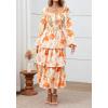 imageBTFBM Women Floral Maxi Dress Fall Fashion 2025 Boho Long Sleeve Square Neck Smocked Tiered Ruffle Flowy Wedding DressesFloral Apricot Orange