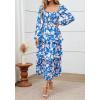 imageBTFBM Women Floral Maxi Dress Fall Fashion 2025 Boho Long Sleeve Square Neck Smocked Tiered Ruffle Flowy Wedding DressesFloral Blue White