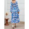 imageBTFBM Women Floral Maxi Dress Fall Fashion 2025 Boho Long Sleeve Square Neck Smocked Tiered Ruffle Flowy Wedding DressesFloral Blue White
