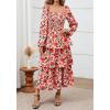 imageBTFBM Women Floral Maxi Dress Fall Fashion 2025 Boho Long Sleeve Square Neck Smocked Tiered Ruffle Flowy Wedding DressesFloral Orange Pink Red