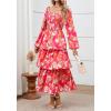 imageBTFBM Women Floral Maxi Dress Fall Fashion 2025 Boho Long Sleeve Square Neck Smocked Tiered Ruffle Flowy Wedding DressesFloral Rose Red Red
