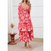 imageBTFBM Women Floral Maxi Dress Fall Fashion 2025 Boho Long Sleeve Square Neck Smocked Tiered Ruffle Flowy Wedding DressesFloral Rose Red Red