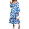 imageBTFBM Women Floral Maxi Dress Fall Fashion 2025 Boho Long Sleeve Square Neck Smocked Tiered Ruffle Flowy Wedding DressesFloral Blue White