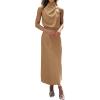 imageBTFBM Women Sleeveless Cocktail Dresses Fall Mock Neck Keyhole Elastic High Waist Evening Party Maxi Wedding Guest DressLight Khaki