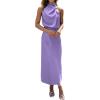 imageBTFBM Women Sleeveless Cocktail Dresses Fall Mock Neck Keyhole Elastic High Waist Evening Party Maxi Wedding Guest DressPurple
