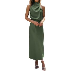 imageBTFBM Women Sleeveless Cocktail Dresses Fall Mock Neck Keyhole Elastic High Waist Evening Party Maxi Wedding Guest DressArmy Green