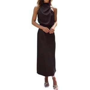 imageBTFBM Women Sleeveless Cocktail Dresses Fall Mock Neck Keyhole Elastic High Waist Evening Party Maxi Wedding Guest DressBlack