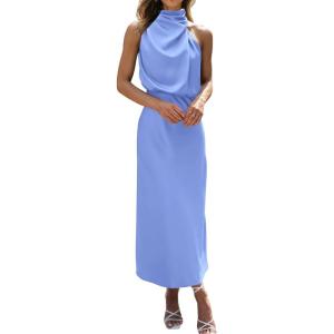 imageBTFBM Women Sleeveless Cocktail Dresses Fall Mock Neck Keyhole Elastic High Waist Evening Party Maxi Wedding Guest DressBlue