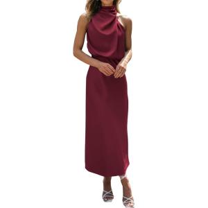 imageBTFBM Women Sleeveless Cocktail Dresses Fall Mock Neck Keyhole Elastic High Waist Evening Party Maxi Wedding Guest DressBurgundy