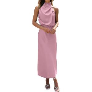 imageBTFBM Women Sleeveless Cocktail Dresses Fall Mock Neck Keyhole Elastic High Waist Evening Party Maxi Wedding Guest DressDusty Pink