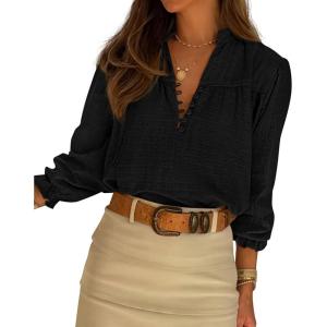 imageBTFBM Women Fall Tops 2025 Boho Solid V Neck Fashion Casual Long Sleeve Button Down Blouses Dressy ShirtsBlack